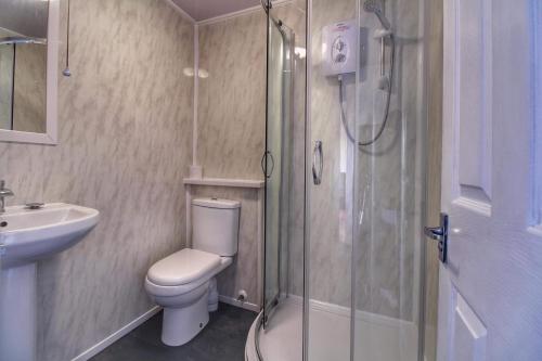 a bathroom with a shower and a toilet and a sink at Beach 100m - Sea View - Log Burner - Dogs Welcome in Bessingby