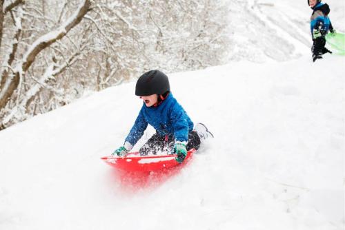 a young boy riding a snowboard down a snow covered slope at Mountain View Totoro - spacious & sunny in Yoichi