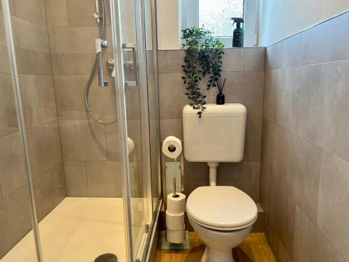 een kleine badkamer met een toilet en een douche bij Design Apartment mit Balkon - Küche - Netflix in Essen