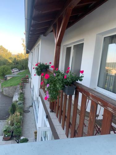 a balcony with pink flowers on a house at Penzion Kozí Horka u Brněnské přehrady in Brno