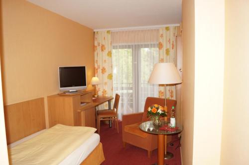 a hotel room with a bed and a desk with a television at Hotel an der Ilse in Lemgo