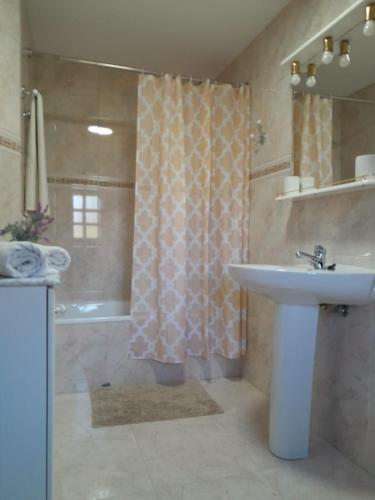 a bathroom with a sink and a shower at La Carlota in Llames de Pría