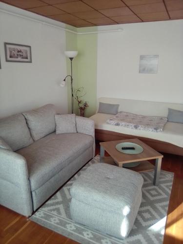 a living room with a couch and a bed at Ferienwohnung Straßburg in Sassnitz