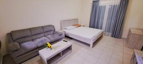 a living room with a couch and a bed at Studio flat DG079, Close to The Gardens Metro 3 min walkable in Dubai