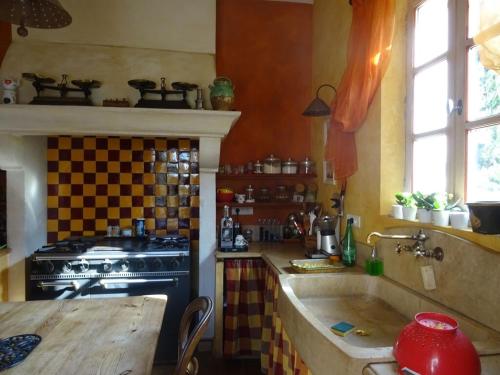 une cuisine avec une cuisinière et un évier dans l'établissement Mas du Barroux, à Carpentras