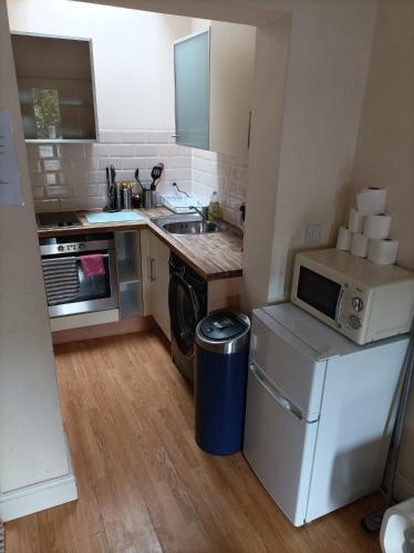 a small kitchen with a sink and a microwave at Self-contained private apartment Unit 1 in London