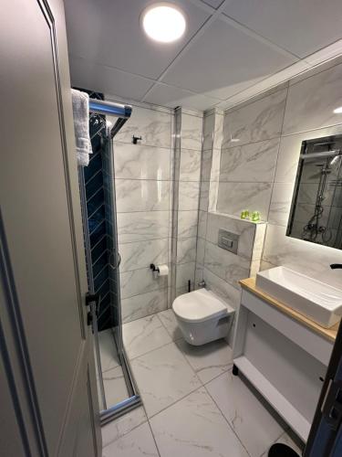 a bathroom with a shower and a toilet and a sink at Vera Edirne in Edirne