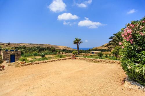 a dirt road with flowers and a palm tree at Crosslanes BB in Kerċem