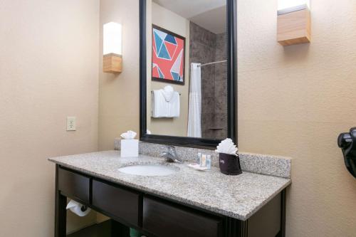 a bathroom with a sink and a mirror at Comfort Suites Arlington - Entertainment District in Arlington