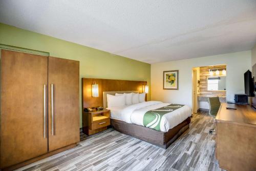 奧蘭多的住宿－Quality Inn & Suites Downtown，配有一张床和一张书桌的酒店客房