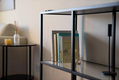 a glass shelf with books on top of it at Classy Studio near Thermal Spa in Vienna