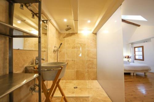 ein Bad mit einer Dusche und einem Waschbecken in der Unterkunft La maison verte in Annecy