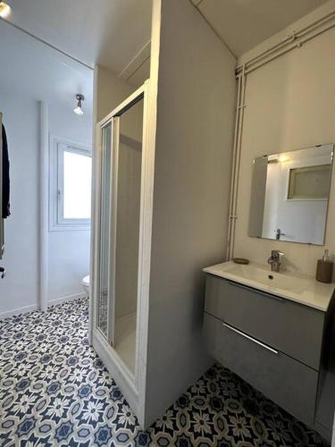 une salle de bain avec un lavabo et un miroir dans l'établissement François Mitterand 1, à Elbeuf