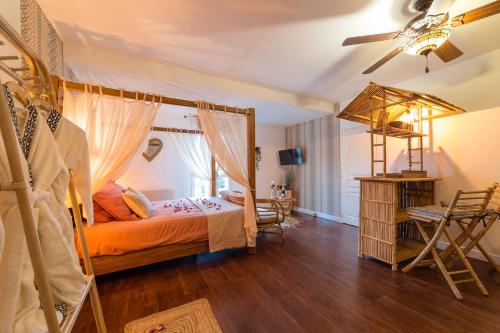 una camera con letto e ventilatore a soffitto di Appartement L'Évasion Nature a Troyes