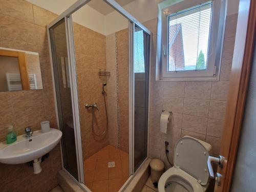 a bathroom with a shower and a toilet and a sink at Apartmány Lýdia in Zuberec