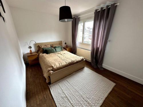 Schlafzimmer mit einem Bett, einem Fenster und einem Teppich in der Unterkunft François Mitterrand 2 in Elbeuf