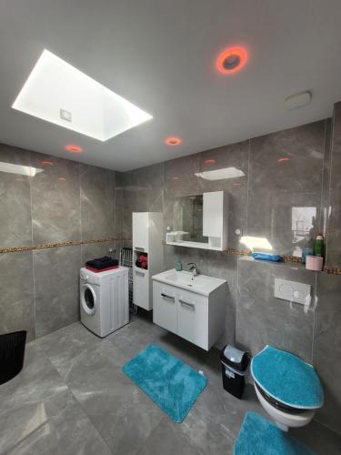 a bathroom with a sink and a washing machine at Cocon zen et confortable à proximité de Colmar in Sundhoffen