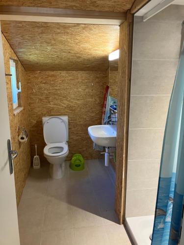 uma casa de banho com um WC e um lavatório em Pivert em Auvernier