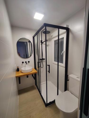 a bathroom with a shower and a sink and a mirror at O Lar da Muralla in Lugo