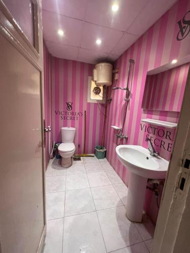 a pink bathroom with a toilet and a sink at المهندسين in Cairo