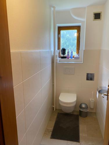 a small bathroom with a toilet and a window at Gästehaus Schmitt in Lähn