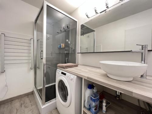 a bathroom with a washing machine and a sink at Le Cugnalais-2p- calme & confort in Cugnaux