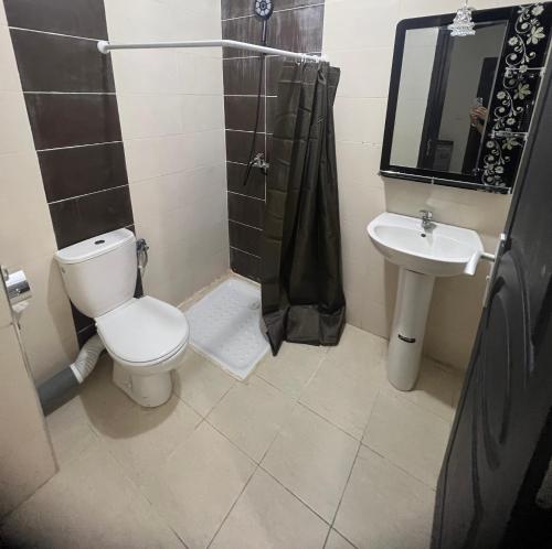 La salle de bains est pourvue de toilettes et d'un lavabo. dans l'établissement Flowers home, à Oujda