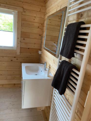 uma casa de banho com um lavatório e um espelho em Ferienhäuser Altes Land em Jork