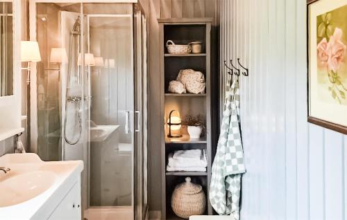 La salle de bains est pourvue d'une douche et d'un lavabo. dans l'établissement Lovely Home In Hnefoss With House A Panoramic View, à Hønefoss