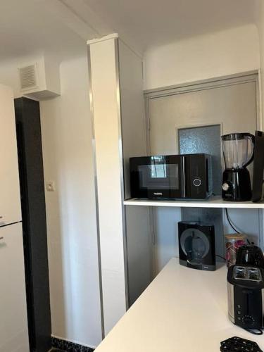 une cuisine avec un comptoir, un four micro-ondes et un mixeur dans l'établissement Appartement à deux pas du tram, à Avignon