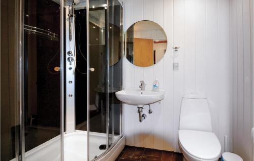 een badkamer met een wastafel, een douche en een toilet bij Pet Friendly Home In Grenaa With Wifi in Brøndstrup
