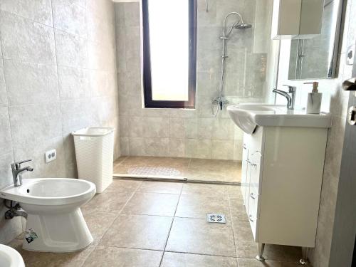 a bathroom with a toilet and a sink and a shower at Apartament Dem Rădulescu Lidl in Râmnicu Vâlcea