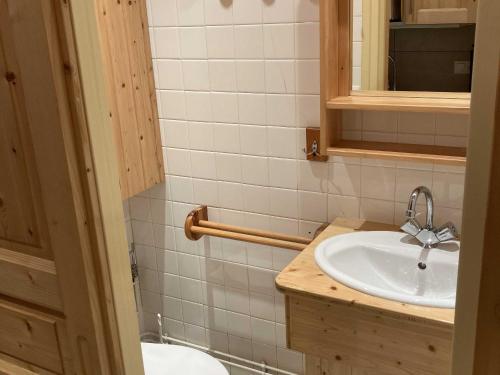 une salle de bain avec un lavabo et un miroir dans l'établissement Appartement cosy 3 pers, proche pistes et navette, parking privé - FR-1-467-116, au Grand-Bornand