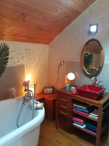 une salle de bain avec une baignoire, un lavabo et un miroir dans l'établissement Chambres et coin repas Coco Eco, à Bédouès