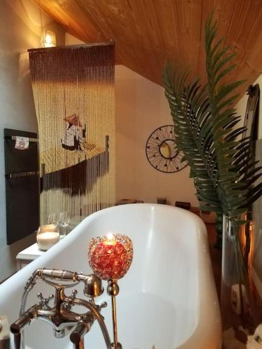 La salle de bains est pourvue d'une baignoire avec une plante et d'une horloge. dans l'établissement Chambres et coin repas Coco Eco, à Bédouès