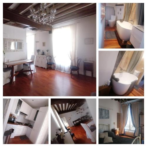 un collage de photos d'un salon et d'une salle à manger dans l'établissement Cœur de Paris Montorgueil - Heart of Paris - Charming super central apartment for your ideal Parisian days, à Paris