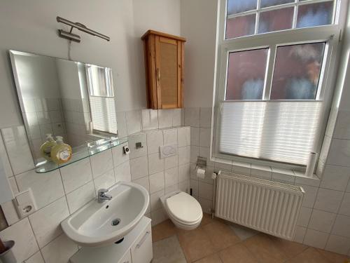 een badkamer met een wastafel, een toilet en een raam bij Apartment in guter Lage für bis zu 5 Personen in Oldenburg