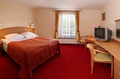 a hotel room with a bed and a desk and a television at Hotel Maggi in Rogoźno