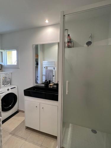 eine weiße Küche mit einem Waschbecken und einer Waschmaschine in der Unterkunft Cabanon provençal in Rochefort-du-Gard