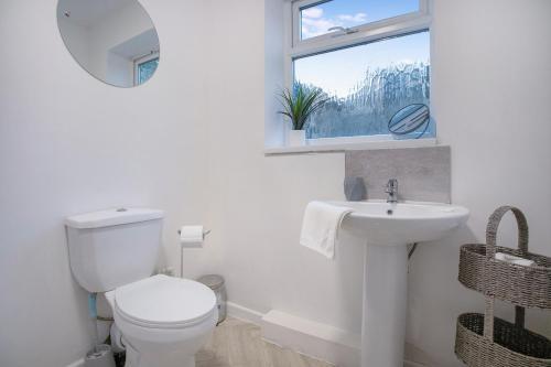 a bathroom with a toilet and a sink and a window at Sweet Home with Backyard in Howden-le-Wear for 3 in Crook