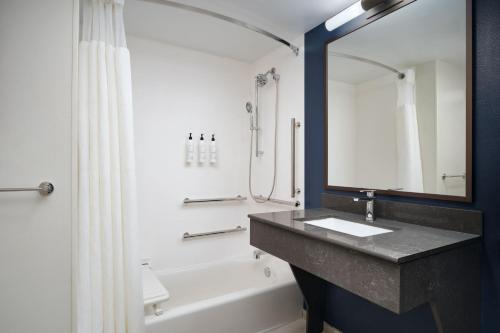 a bathroom with a sink and a tub and a mirror at Fairfield Inn & Suites Auburn Opelika in Opelika