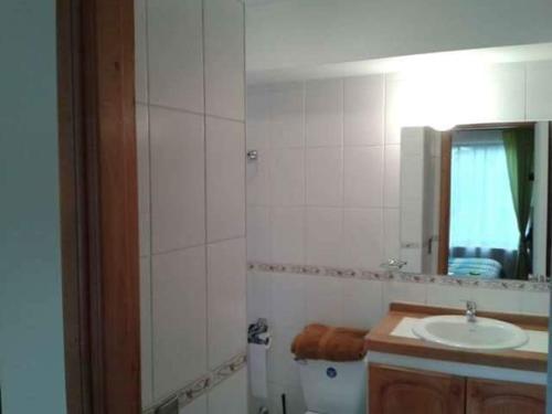 a bathroom with a sink and a mirror at Departamento Acogedor Parque Suizo 800 Pucon in Pucón