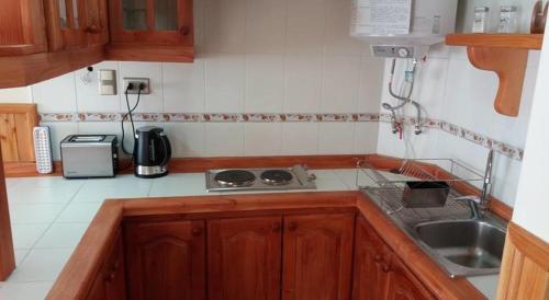 a small kitchen with a sink and a stove at Departamento Acogedor Parque Suizo 800 Pucon in Pucón