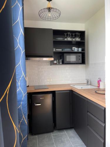eine Küche mit schwarzen Schränken und einem schwarzen Kühlschrank in der Unterkunft Le Panoramique - Centre-ville in Melun