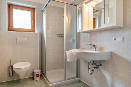 a bathroom with a shower and a sink and a toilet at Obertegghof Wohnung Schartenblick in Sarntal