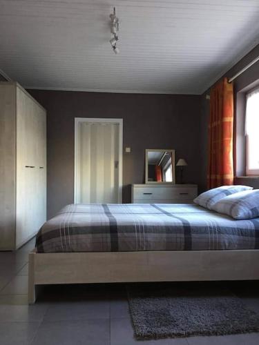 a bedroom with a large bed and a mirror at Le calme de la prairie de liège in Liège