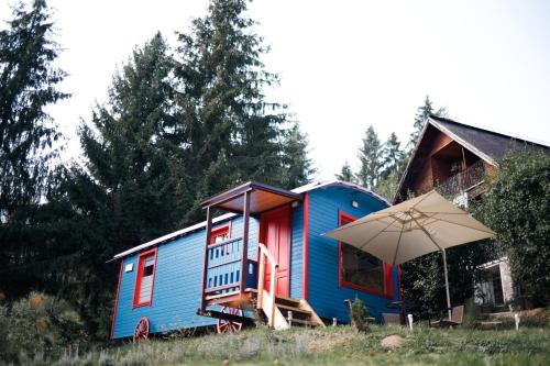 ヴォロネツにあるRED Tiny Housesの傘を前に置いた青い家