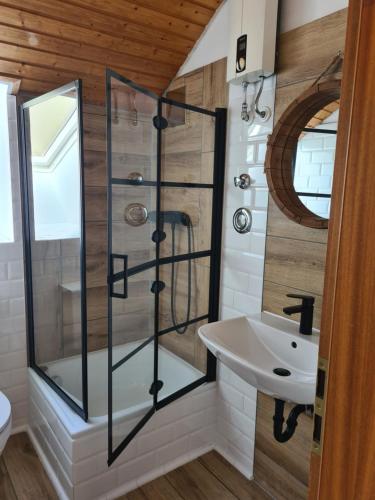La salle de bains est pourvue d'une douche en verre et d'un lavabo. dans l'établissement Ferienwohnung Elsa, à Enzklösterle
