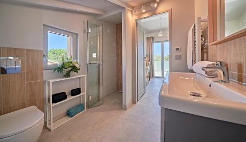 een badkamer met een wastafel, een toilet en een spiegel bij Villa bleu Tropez in Gassin