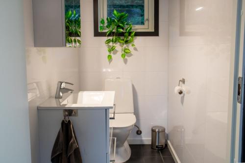 a bathroom with a white toilet and a sink at Modern Fjord View Apartment in Tromsø